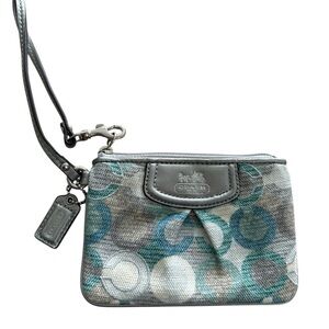 Coach Zip Top Wristlet Wallet Blue Green Silver Canvas with silver